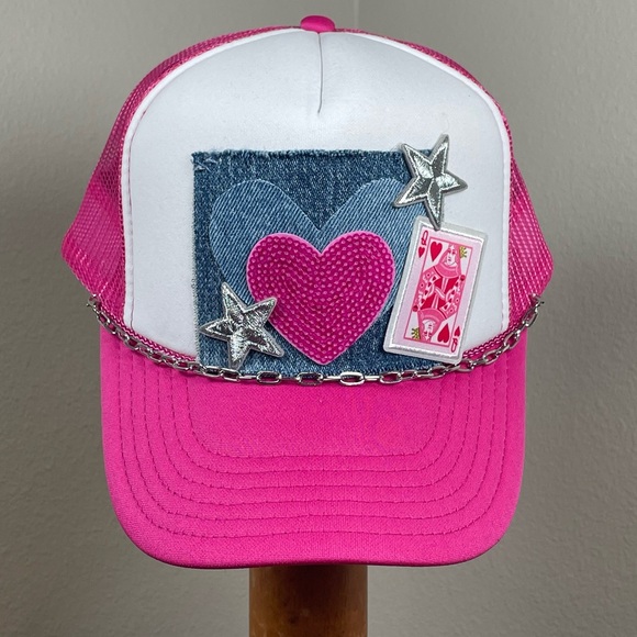 Hand Crafted Accessories - NEW Queen of Hearts Trucker Hat Denim Pink Sequins Hearts Silver Stars & Chain